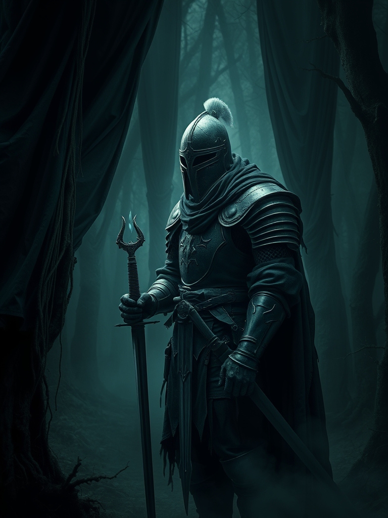 The image depicts a ghostly figure holding a sword, standing in a dark, eerie forest-like setting. The figure appears to be a knight or a warrior from medieval times, with a suit of armor and a helmet. The background is dominated by dark, flowing curtains, creating a mysterious and ominous atmosphere.3