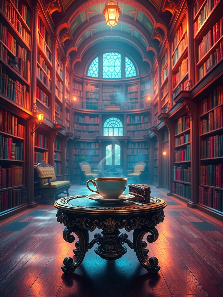 عکس یک کتابخانه خیلی قشنگ و رنگارنگ که وسط اون یه میز عسلی خوبه و روی اون یه فنجون قهوه با یک قاچ کیک شکلاتیه20