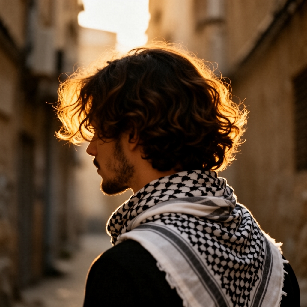 تصویر یک پسر بیست ساله با موهایی حالت دار تا شونه و دارای ریش نه خیلی بلند و ایستاده و از پشت و شونه های بزرگی نداشته باشه و چفیه فلسطینی دور گردنش باشه 0