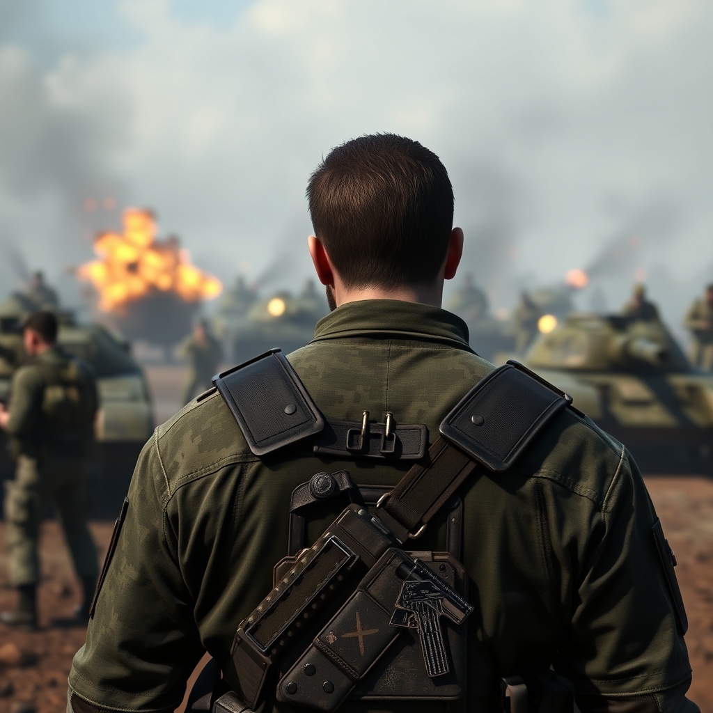 یک مرد کالاف دیوتی پشتش چند تانک و سرباز جنگ میکنن20