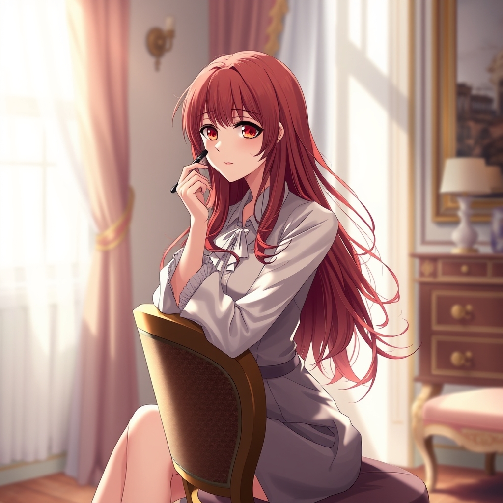 دختری زیبا با موهای قرمزی که باز است و تا گردن آویخته و چشمانی قرمز روی صندلی که در اتاقی زیبا است نشسته و آرایش می کند22