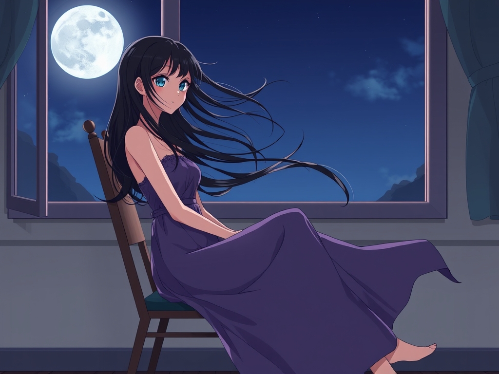 تصویر یک دختر ۲۰ ساله را بکش که روی یک صندلی و کنار پنجره نشسته است وباد از بیرون به موهای مشکی او میخورد.چشمانش در نور ماه میدرخشد.شب است.او لباس بلند بنفش نازکی پوشیده در نسیم تکان خورد.این دختر آرام و درآرامش است19