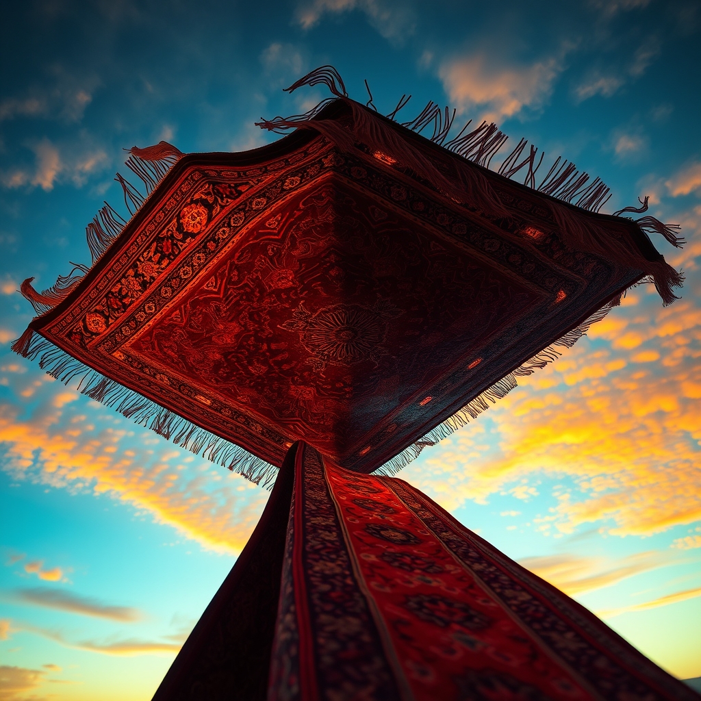 یک قالی ایرانی که به یک قالی پرنده جادویی تبدیل می‌شود، در آسمان غروب طلایی.1
