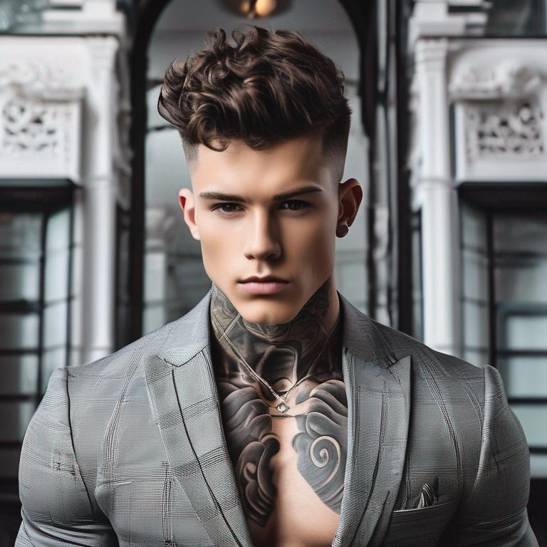 پسری با بدنی هیکلی با کت و شلوار سیاه و موهای فر و کوتاه با تتو و با چهره ای کشیده و زیبا در ساختمانی شیک 9
