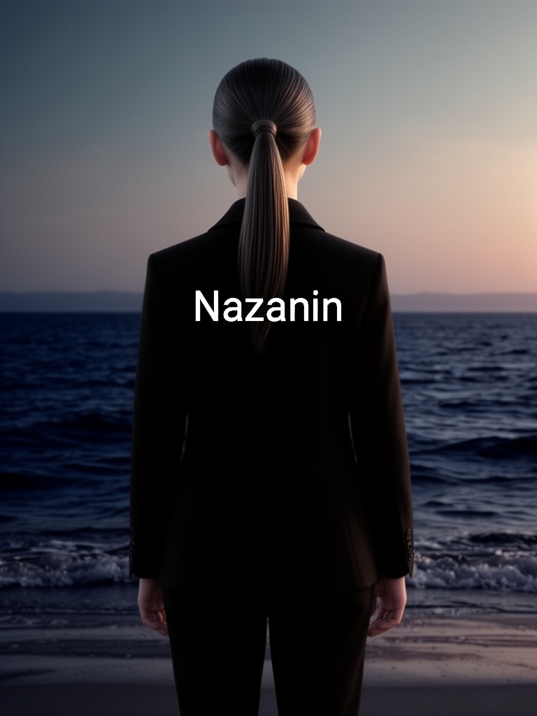 عکس یک دختر خفن که همه چی مشکی پوشیده و پشتش به دریا است و دختر حدود ۱۳ سال سن دارد و موهای دم اسبی و روی لباسش به انگلیسی نوشته نازنین 0