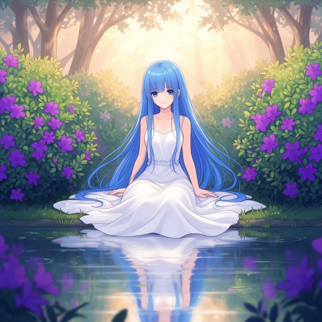 تصویر انیمه دختری زیبا با موهای بلند آبی و پیراهن سفید نشسته کنار آب و بوته هایی با گلهای بنفش اطرافش
5
