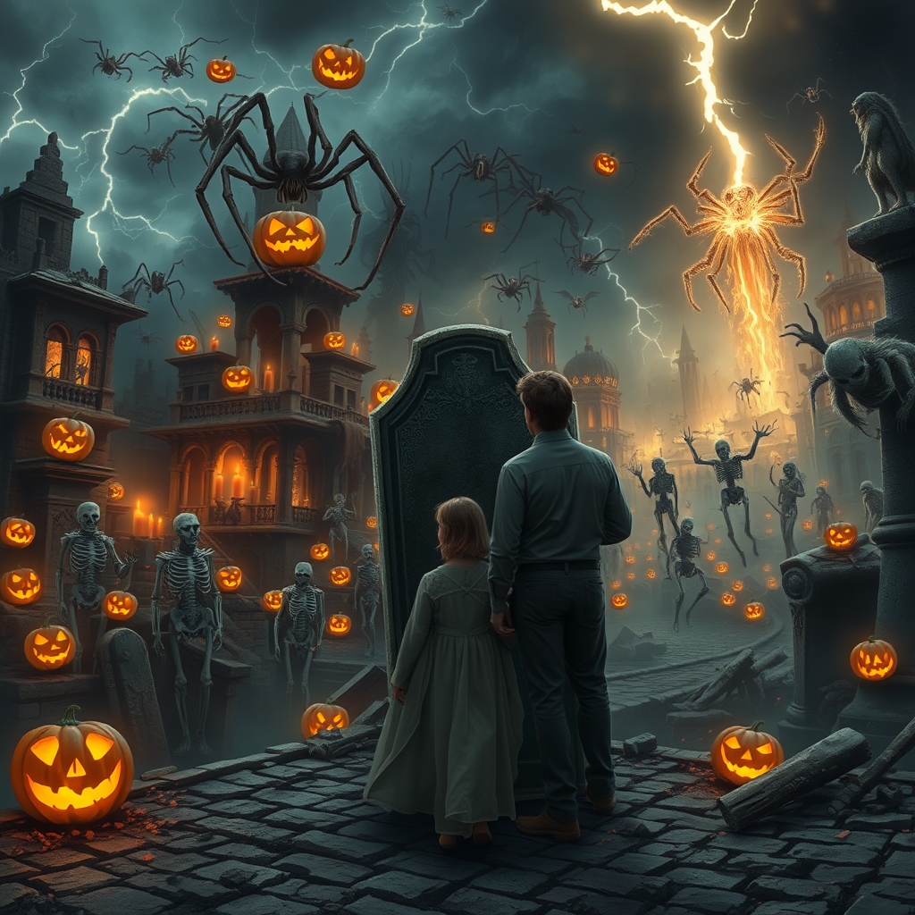 یک شهر هالووینی ترسناک با مومیایی هایی زنده و کدو تنبل ها و عنکبوت و مجسمه های اسکلت و ترسناک و روح هایی که در حال زنده شدن هستند تعداد آنها بسیار زیاد است و دخترکی همراه پدرش از پشت یک سنگ آنها را تماشا میکنند و شهر کامل ویران شده و هوا هم طوفانی و رعد و برقی است. 8