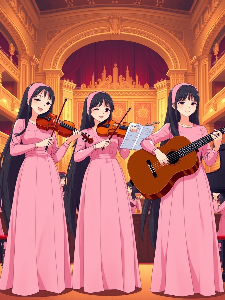 سه قلوها ، موسیقی ، یه گروه ارکستر که پر از نوازنده های موسیقی است که تعدادی ویولن می نوازند🎻 و تعدادی گیتار می نوازند🎸 و یه نفر پیانو می نوازد🎹 می نوازند و که همه ی آنها دختر هستند و لباس های شبیه هم و صورتی مانند پرنسس ها پوشیده اند و موهای خیلی بلند و مشکی دارند و این سه خواهر در کنار هم یکیشون در حال نواختن  ویولن است و یکیشون در حال نواختن گیتار است و یکیشن در حال نواختن پیانو است8