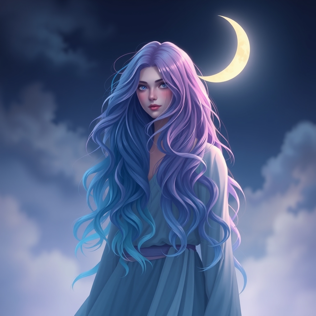 The image depicts a person with long, wavy hair styled with a gradient color scheme of blue and purple. The background features a crescent moon, creating a serene and somewhat mystical atmosphere. The image depicts a person with long, wavy hair styled with a gradient color scheme of blue and purple. The background features a crescent moon, creating a serene and somewhat mystical atmosphere.5