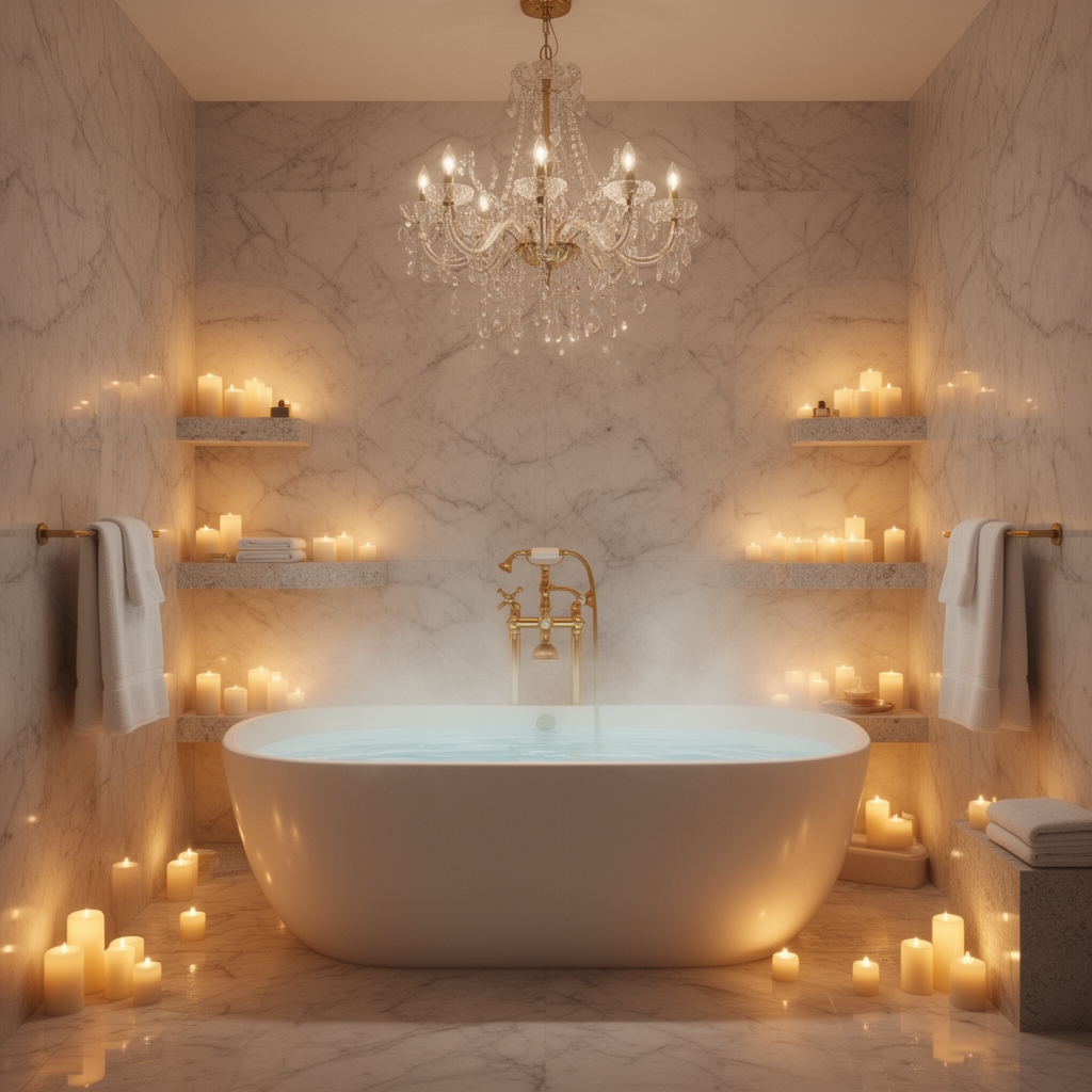 حمام باکلاس و آرامش بخش و گران قیمت با شمع های روشن و خیلی باحال0