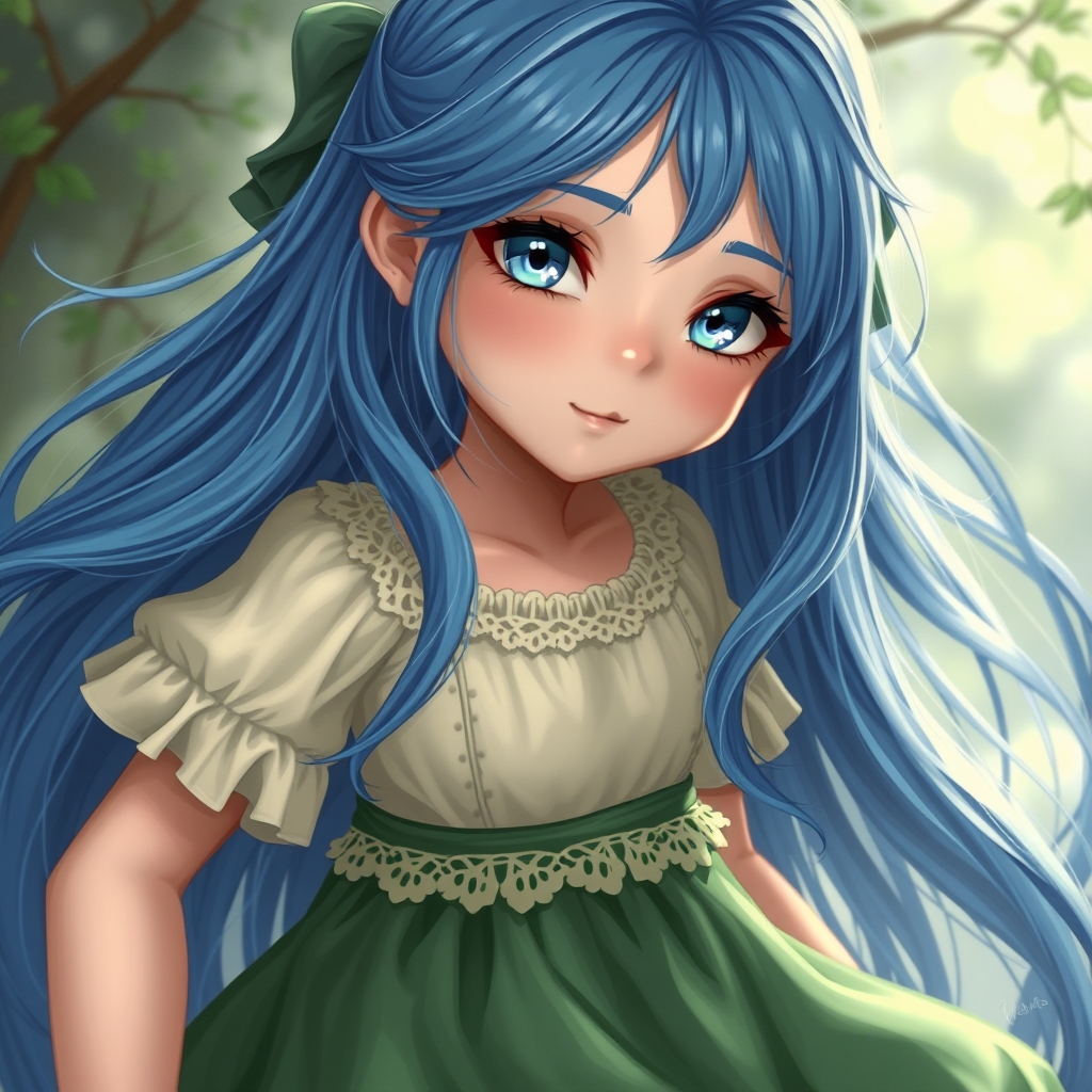 دختری با موهای بلند بارنگ آبی وچشم های متمایل به آبی ولباس بادامن سبز وتورهای کرمی
6