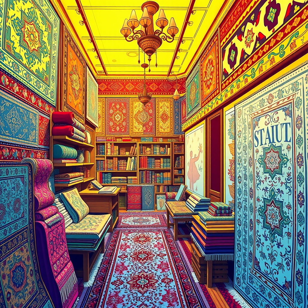 یک فروشگاه قالی ایرانی پر از طرحها و نقشهای زنده و سنتی.18