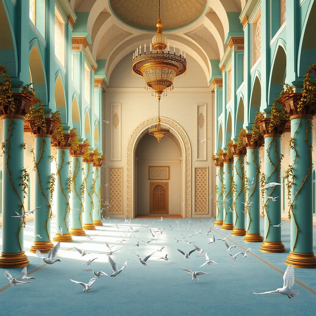 مسجدی به شکل ایوان. این مسجد ستون های فیروزه ای کمرنگ دارد که از آنها پیچک های طلایی زیتون بالا رفته کف مسجد فرش آبی کمرنگ دارد نمای مسجد از بیرون ایوان است و داخل کاملا مشخص است رو به رو محراب قرار دارد . چهلچراغی زیبا آویزان است و دسته ای کبوتر در فضای مسجد روی زمین و هوا هستند از سمت چپ نور خورشید تابیده است 10