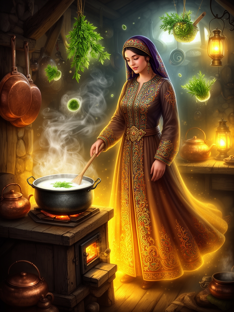 زن در حال پختن آش دوغ با لباس مجلجی آذری 2