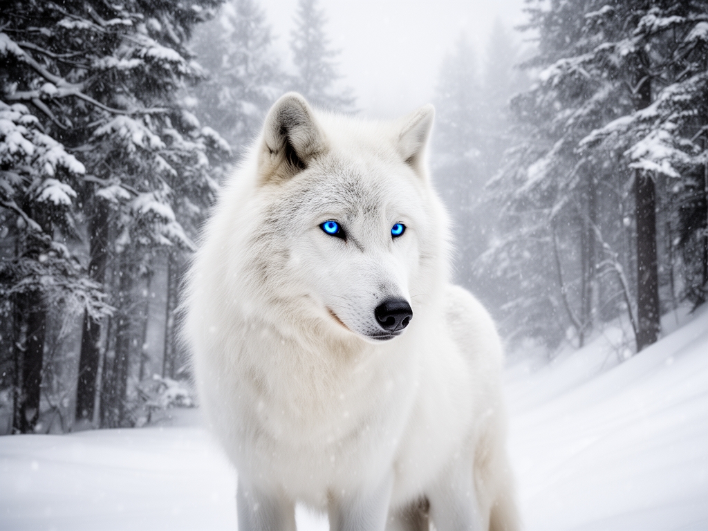 یک گرگ پر پشت و مو سفید با مردمک چشمان آبی در جنگلی برفی که باران برف وجود دارد و مو های گرگ کاملا سفید است. بسیار بسیار بسیار بسیار بسیار واقع گرایانه 4