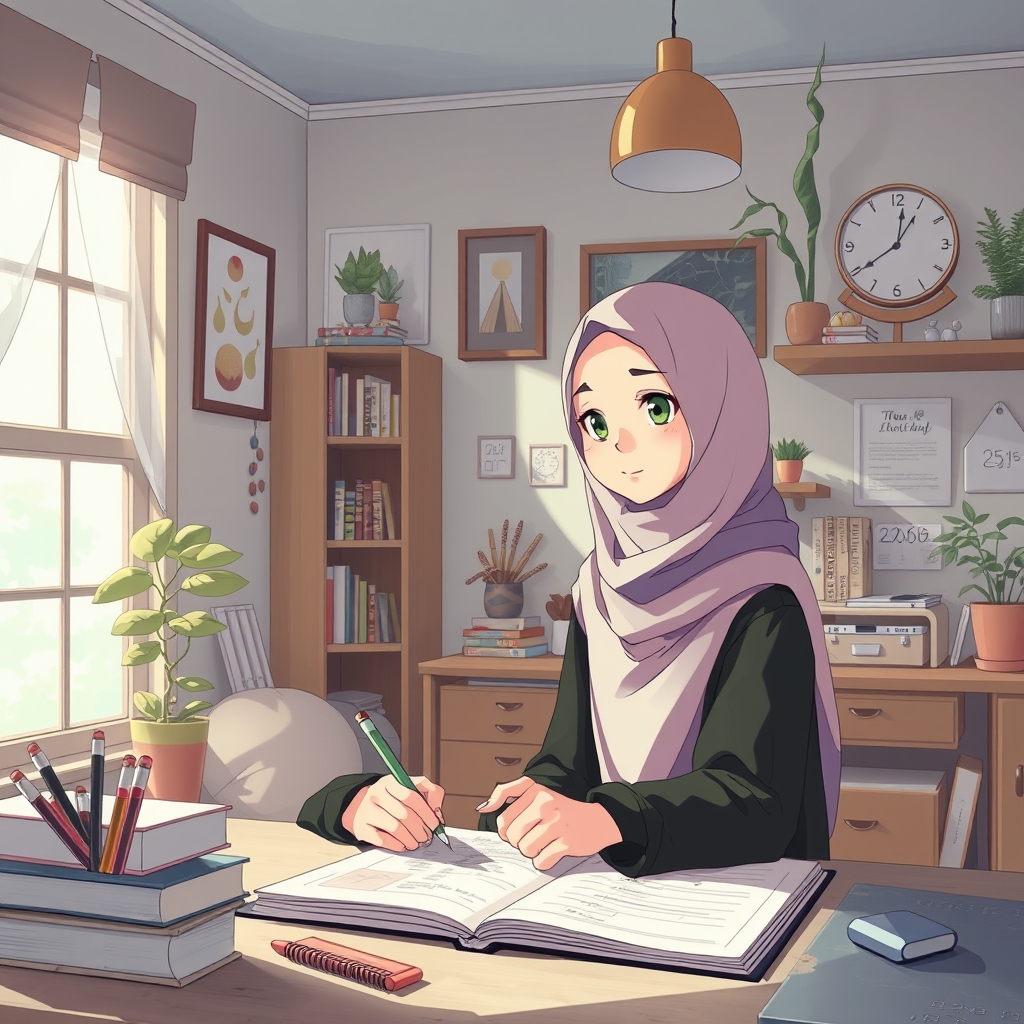 دختر زیبا و محجبه ای درحال برنامه ریختن در اتاق زیبا و جالبش است و حواسش به برنامه ریزی است او روسری پوشیده23