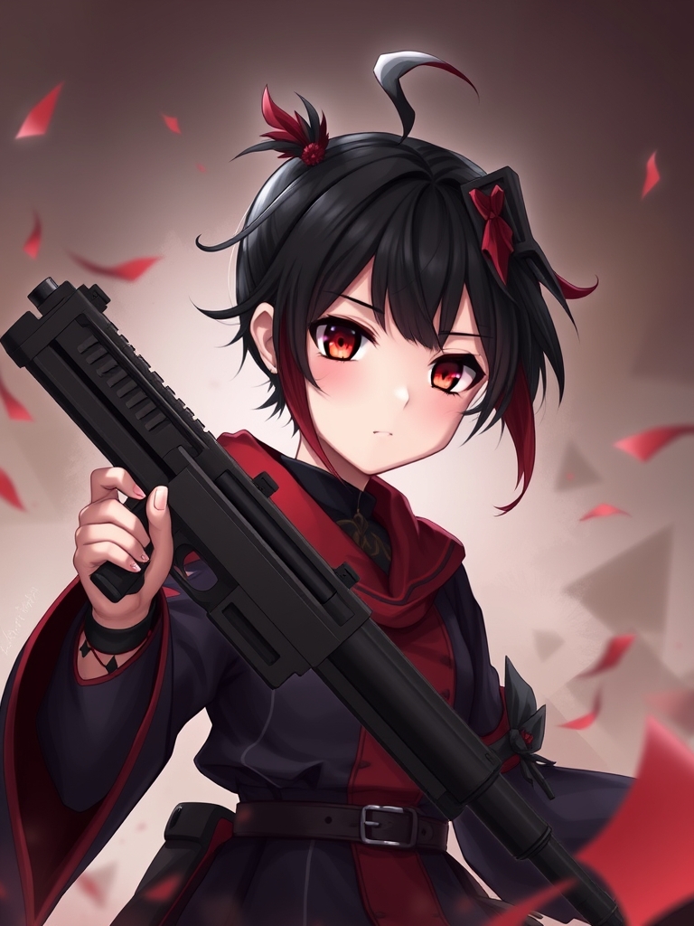 یک دختر که تفنگ دستشه و لباس مشکی و قرمز تنشه و موهاش قرمز و مشکی است 
2