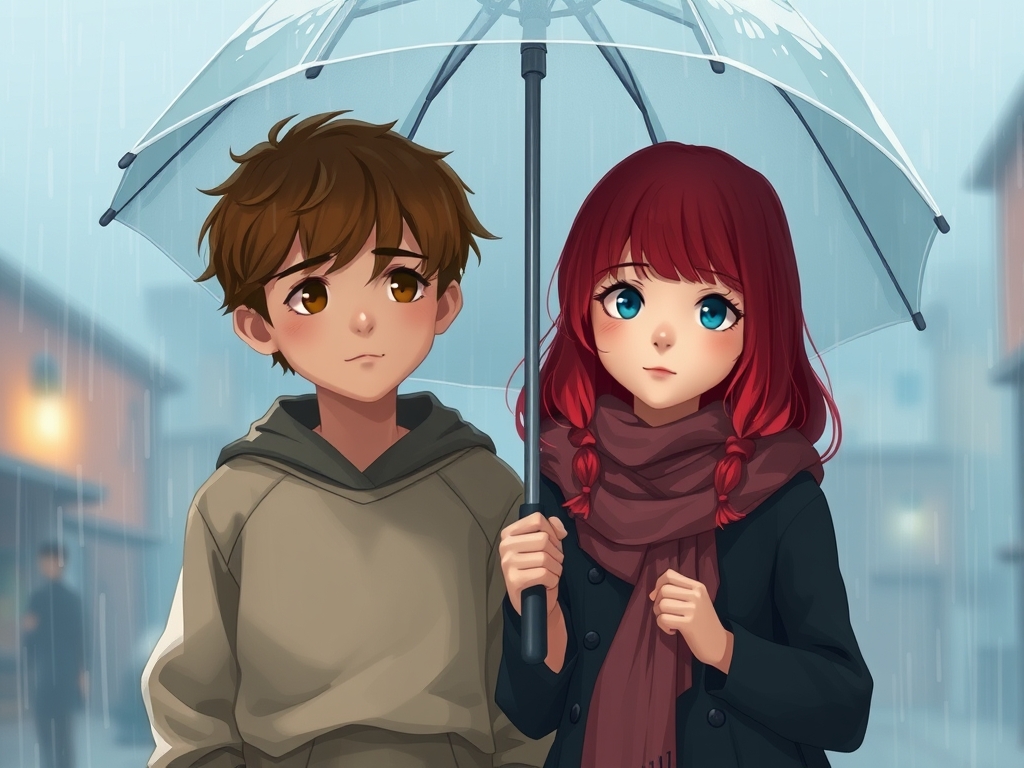 یک پسر زیر بارون، درحالی که یک دختر مو قرمز چترو گرفته  5