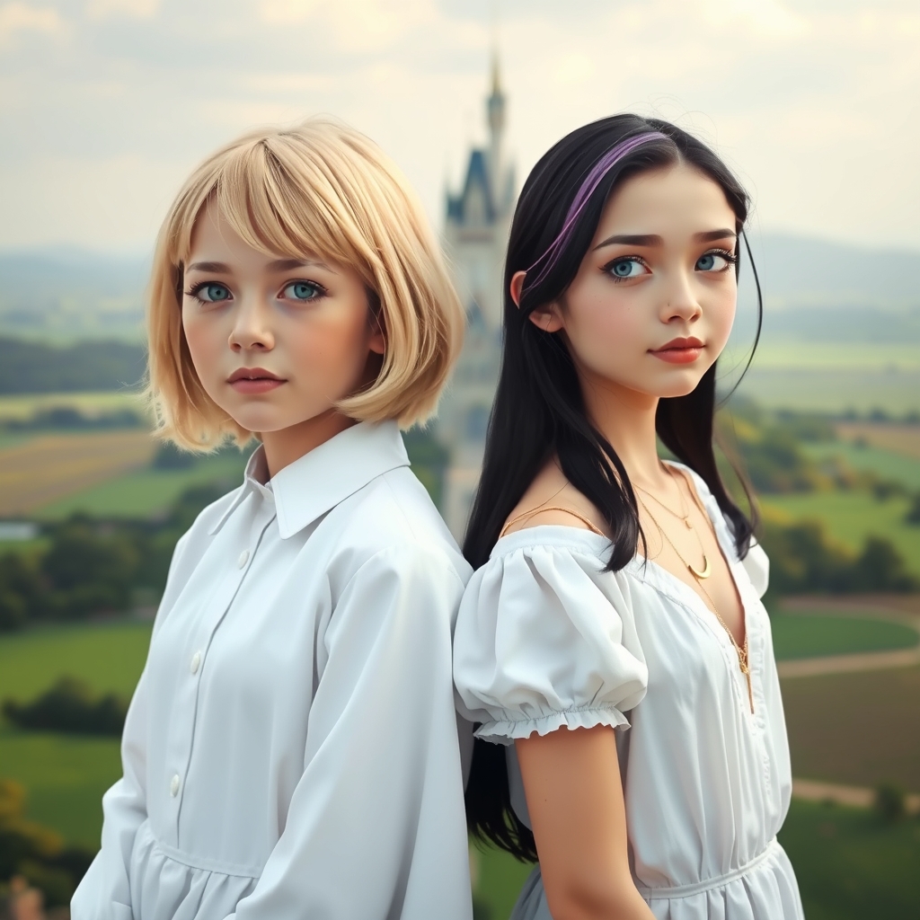 ۲ دختر ۱۴ساله پشت به پشت هم جلوی قلعه ای زیبا وایستاده اند که اطرافش را دشتی سرسبز فرا گرفته دختر سمت چپی مو های متوسط رو به کوتاه طلایی و چشمان آبی یخی دارد و گونه های سرخ و لب های صورتی دارد و پیراهن یقه دار سفید پوشیده دختر سمت راستی مو های بلند سیاه دارد که جلویش بنفش است و چشمان بنفش و لب های سرخ و پوست رنگ پریده دارد و لباس  یقه هفتی سفید پوشیده و گردنبندی طلایی به شکل حلال ماه به گردن دارد هر ۲ دختر پوست سفید دارند 14