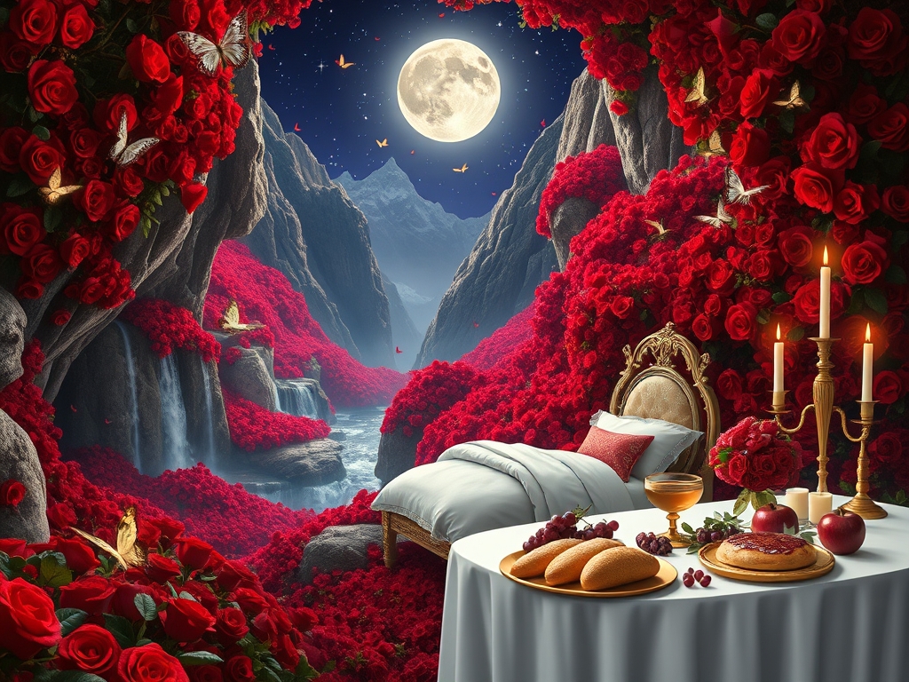 شب مهتابی پر از ستاره 
باغ گل رز سرخ افسانه ای در دل صخره های کوهستانی پوشیده از گل سرخ با در و دیوار و زمین پر از گل سرخ همه جا سرتاپای باغ با رز سرخ پوشیده شده 
هزاران آبشار جاری اند
رودها به هم می ریزند
پروانه های درخشان گوشه کنار هستند 
زیر تونل های دراز و مسقف از گل رز سرخ  
یک تخت خواب سفید طلایی سلطنتی قرون وسطایی با کوسن صورتی و شمعدان های طلا پر شمع 
یک میز سفید و طلایی مجلل شام 
پر نان کباب مرغ بریان باقلوا میوه سیب انار انگور23