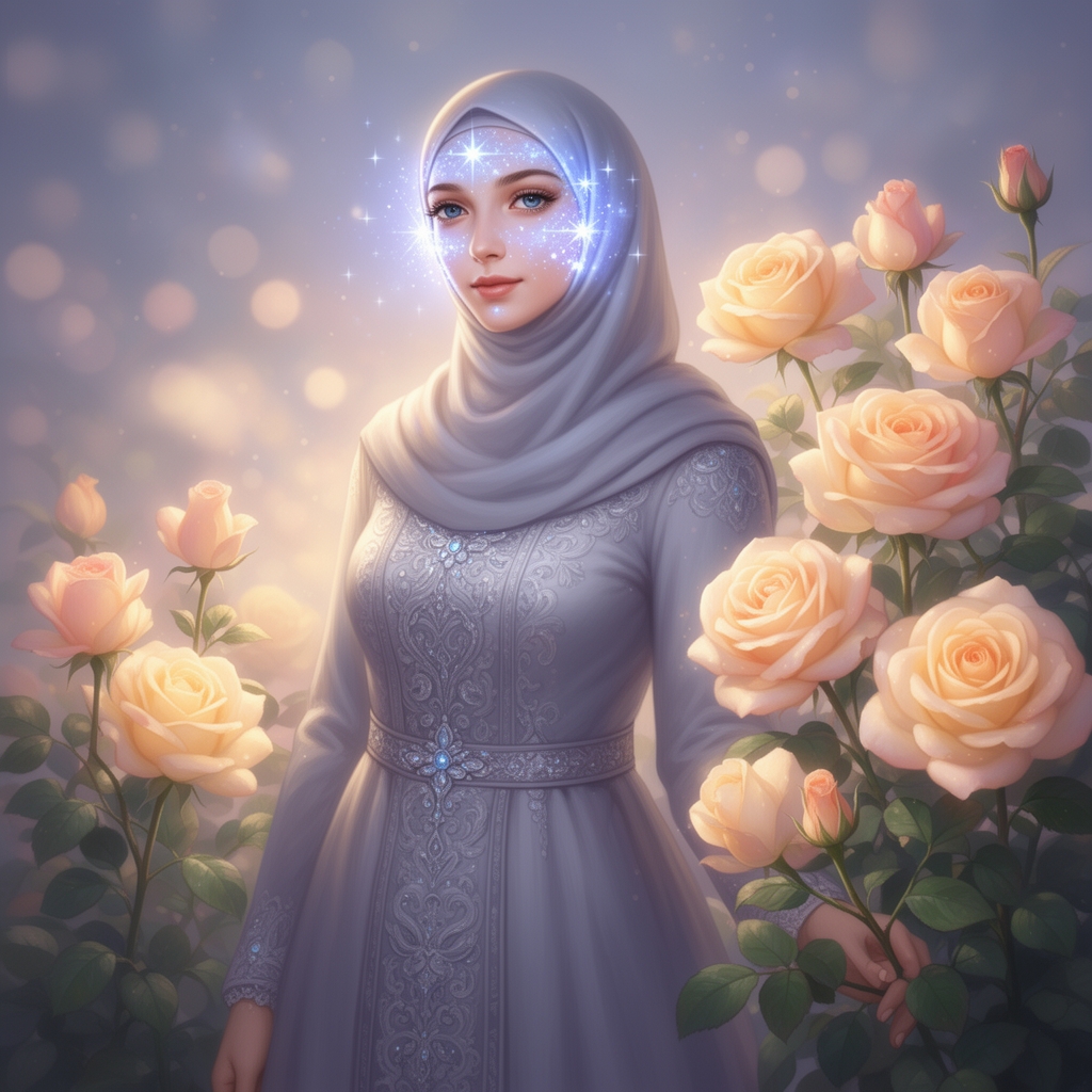 ملکه جهان با چهره ای مثل ستاره با حجاب کامل اسلامی و در کنارش یک بوته گل رز رویایی 10