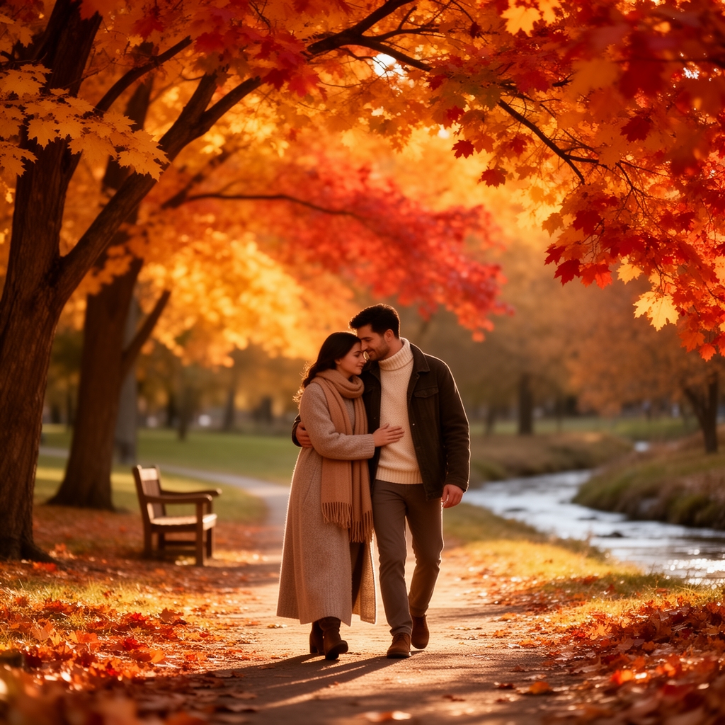 تصویر من همسرم که زیر درختان پاییزی در حال قدم زدن همدیگر در آغوش 
0