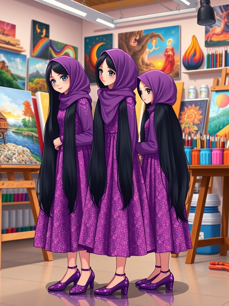 سه قلوهای گرافیست،زهرا،فاطمه،زینب سه خواهر سه قلو و شبیه هم هستند که مو های خیلی بلند و مشکی و لباس بنفش و براق و اکلیلی و دامن دار مانند پرنسس ها دارند و در کارگاه نقاشی هستند و به تابلوهای نقاشی نگاه می کنند و کفش های بنفش و براق دارند🎨🎨🎨🖼🖌️🦄💐🎻🎸🎼🎵🎶15