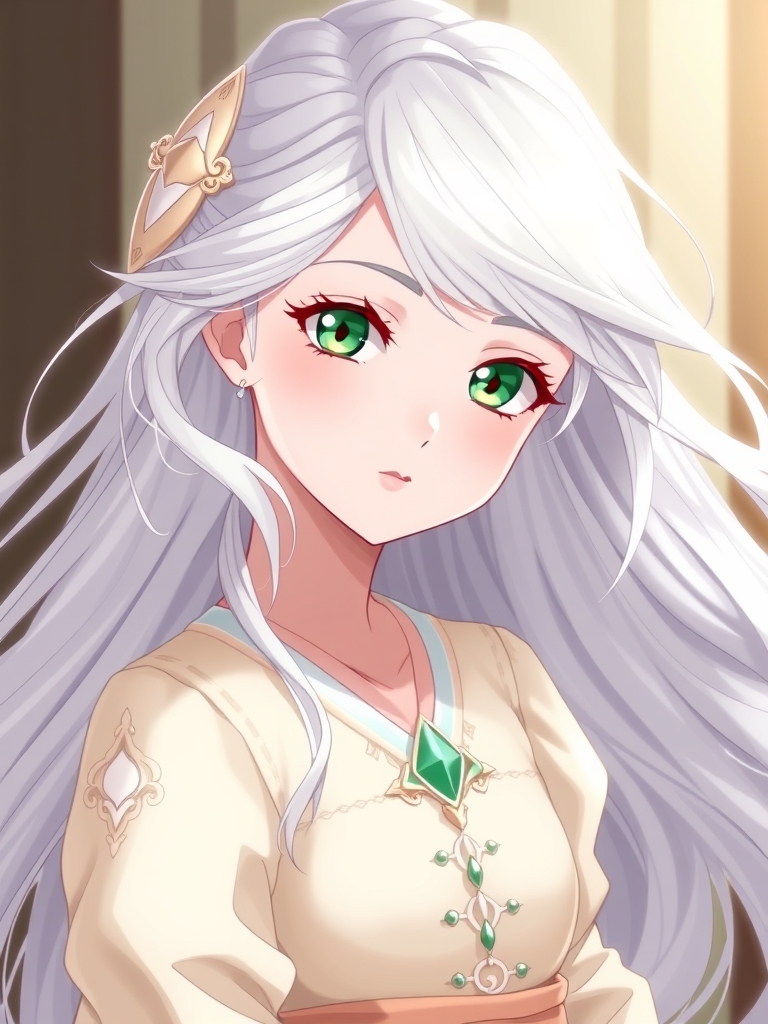 یک پرنسس جوان و بسیار زیبا با صورتی استخانی وبسیار سفید و چشمایی به رنگ یشمی  با موهای بلند سفید   و لباس  پرنسسی به رنگ های کرمی و سفید 13