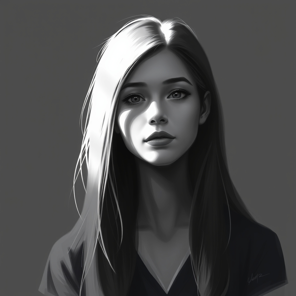 The image is a monochromatic painting of a woman with long hair, depicted in a soft, ethereal style with light and shadow playing across her features.0