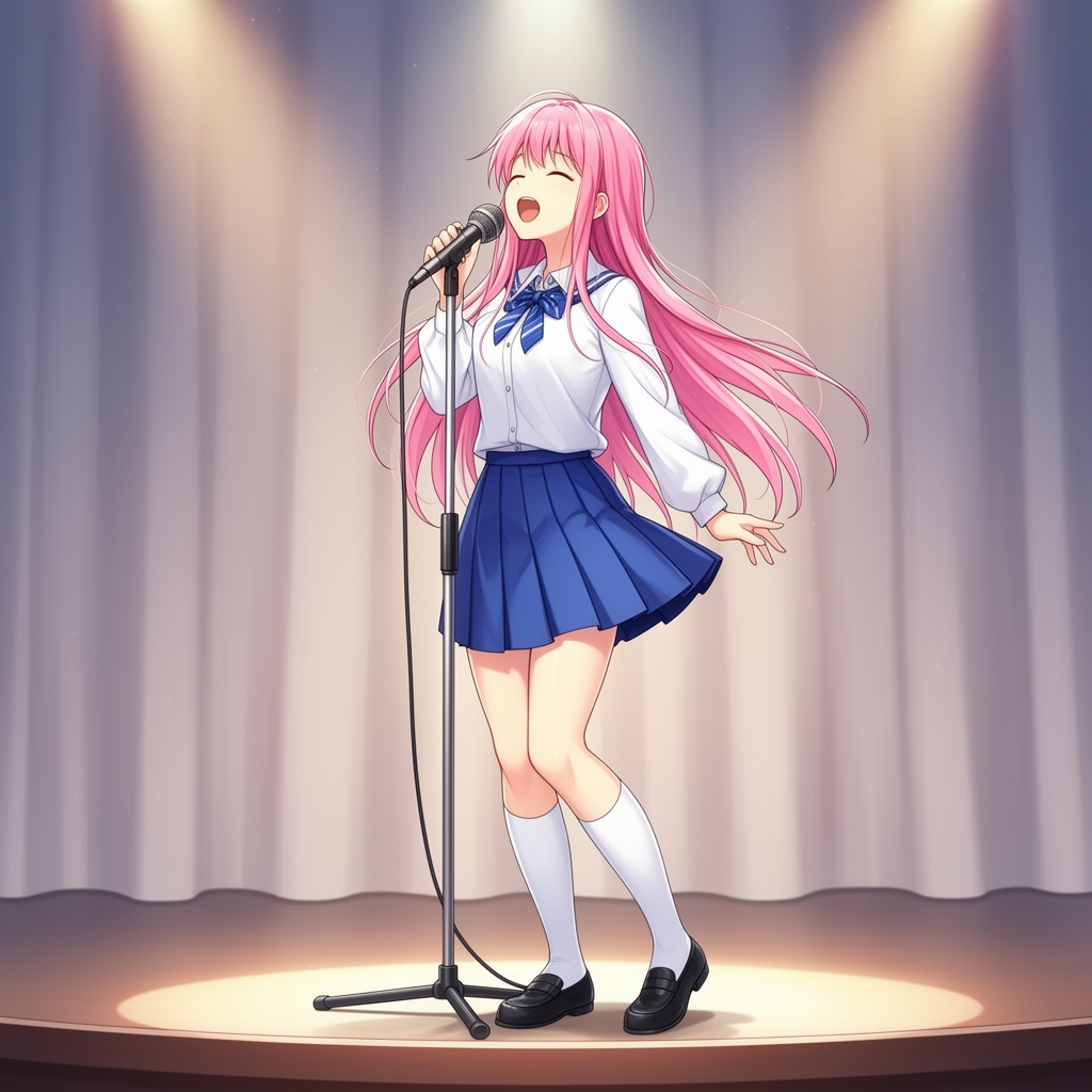 نقاشی انیمه دختر مدرسه ای با لباس سفید و آبی و موهای صورتی بلند در حال آواز خواندن3