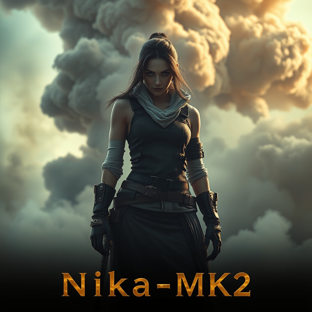 یک دختر اساسین که پشت سرش دود زیاد و توفان بزرگی باشد و پایین تصویر نوشته باشه Nika-MK2 به رنگ طلایی23