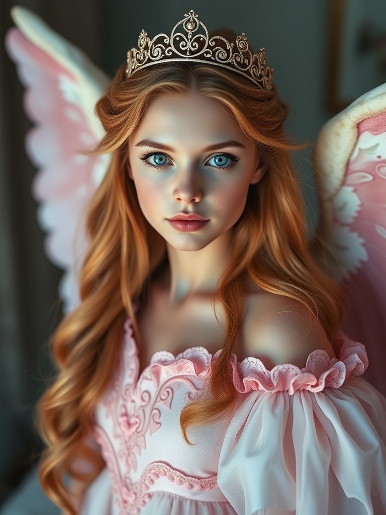 فرشته ای زیبا در با لباسی صورتی و سفید و زیبا و با وقار و موهای زیبا و بلند و صورتی پاک و زیبا و معصوم و تاجی ظریف بر سرش و چشم های آبی آسمونی5