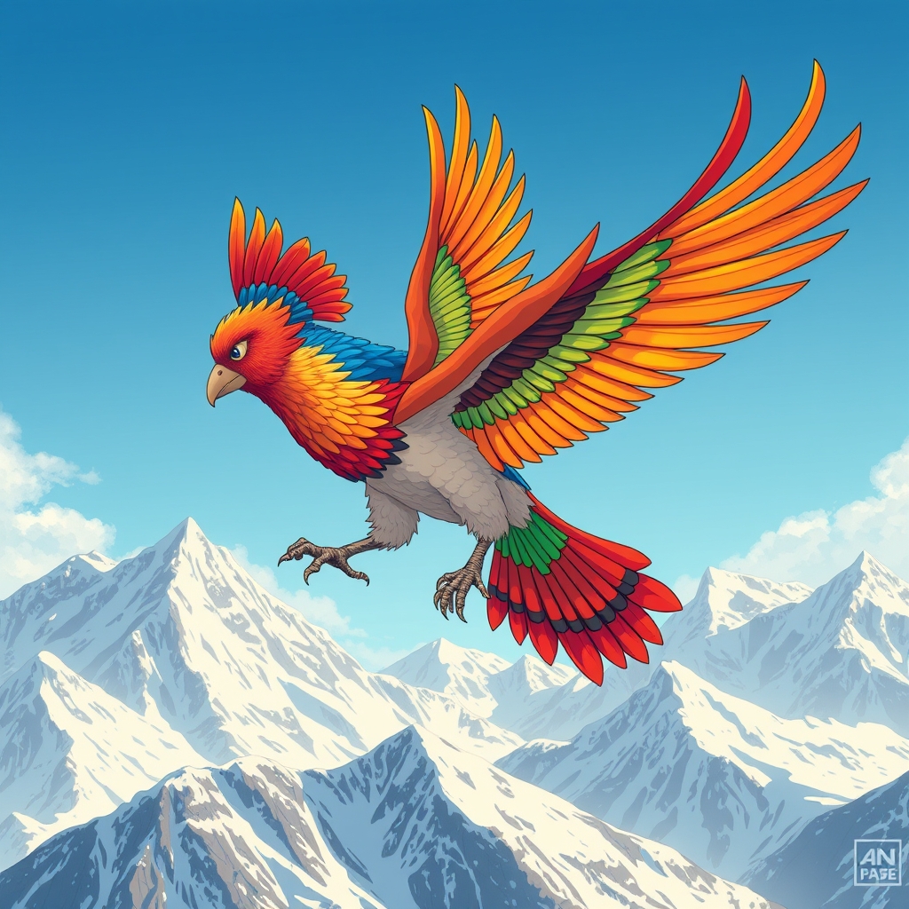 یک پرنده سیمرغ افسانه‌ای ایرانی با رنگ‌های زنده، در حال پرواز بر فراز کوه‌های برفی.4