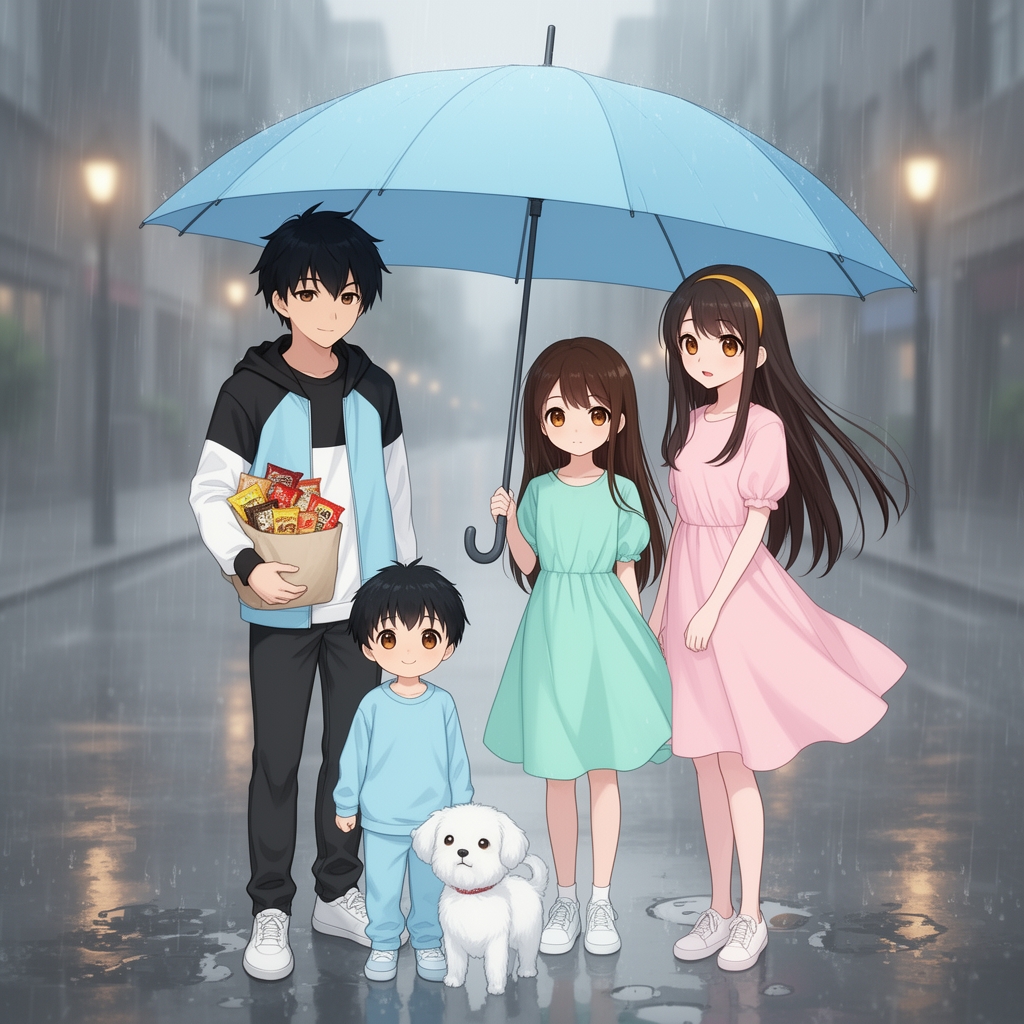 یک برادر ۳ ساله پاستیلی آبی که کنار اش و موهای مشکی و چشم عسلی و کنار او یک سگ کوچک  رنگ برفی هست دختر ۷ساله با مو های بلند عسلی تیره و چشم عسلی با لباس پاستیلی سبزآبی و یک دختر ۱۲ ساله موهای بلند عسلی تیره و یک تار مو طلایی و لباس پاستیلی صورتی و چشم های عسلی روشن  و یک برادر ۱۳ ساله با مو های مشکی چشم عسلی تیره و لباس مشکی و سفید و آبی پاستیلی پوشیده و که در دستش کیسه که در آن پر از خوراکی است .
پس‌زمینه مکانی بارونی و این ۴ نفر زیر چتر بزرگ آبی آسمانی هستند.16