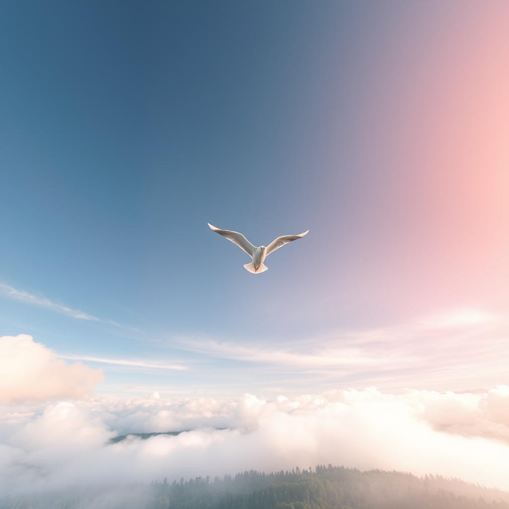 یک پرنده سفید و زیبا بر فراز آسمان  و ابرهای سفید مایل به رنگ صورتی و جنگلی زیبا که از بالا دیده می‌شود...... 4