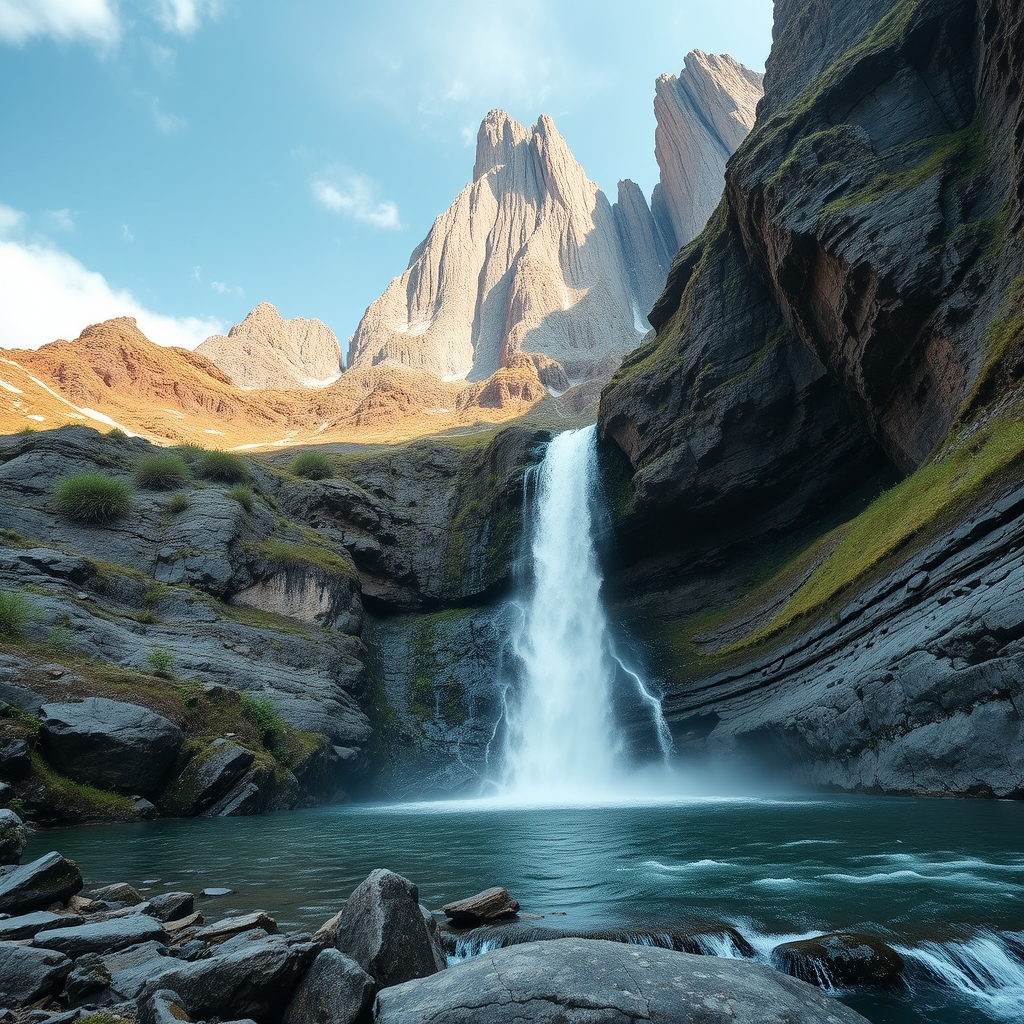 یک کوه با یک آبشار که آب آبشار بر روی زمین می ریزد
13