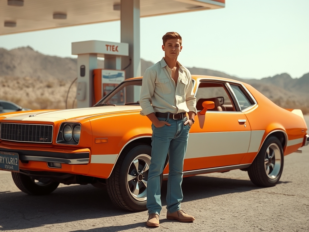 یک خودرو ژاپنی ماسل چهار در مدل ۱۹۷۷ با طراحی رنگ نارنجی و سفید و رینگ های استیل یک مرد جوان با شلوار لی کمرنگ و پیرهن کرمی آستین بلند که دکمه های آستین باز هستند و دکمه بالایی پیرهن باز هست و مدل موی کوتاه دارد در کنار خودرو ایستاده در یک جاده بیابانی در محوطه پمپ بنزین هستند16
