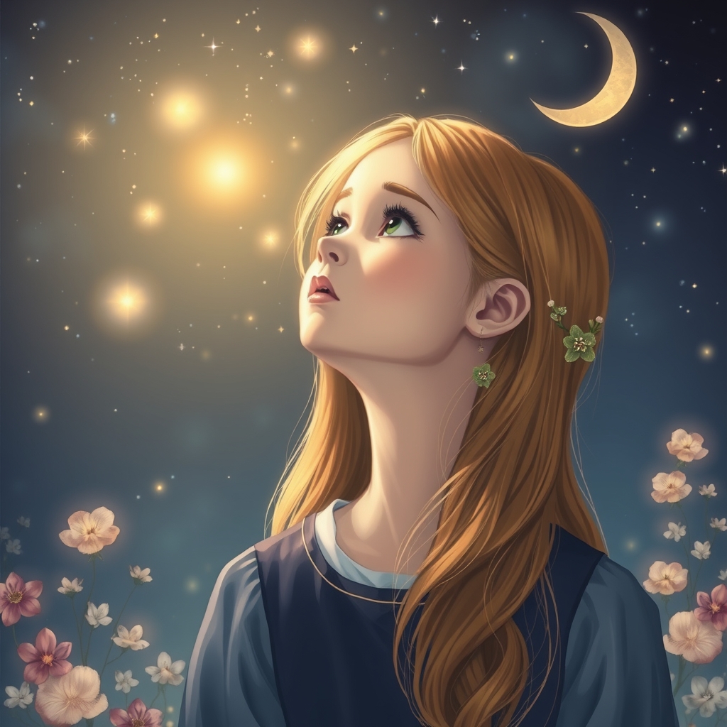دختری که داره به ستاره های درخشان زیبا نگاه مکند با لباسی به زیبایی دریا مو هایش طلا ئی🍀🎀🪷👱🏻‍♀️🌸👑🌛😊14