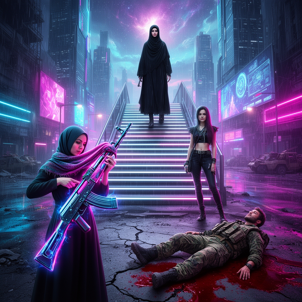 تصویر زن کم حجابی که روسری خود را بر روی تفنگ کلاشینکف گذاشته و به بالا گرفته است در گوشه پایین صفحه مردی بر روی زمین با لباس های جنگی افتاده و از خونش زمین خاکی قرمز شده است.در بالای صفحه زن با چادر و مقنعه و شلوار بلند از پله های بهشت بالا می رود با سبک واقع گرایانه. زن بی حجابی بدون روسری نیمرخ ایستاده است و زن چادری پشت به ما است.1