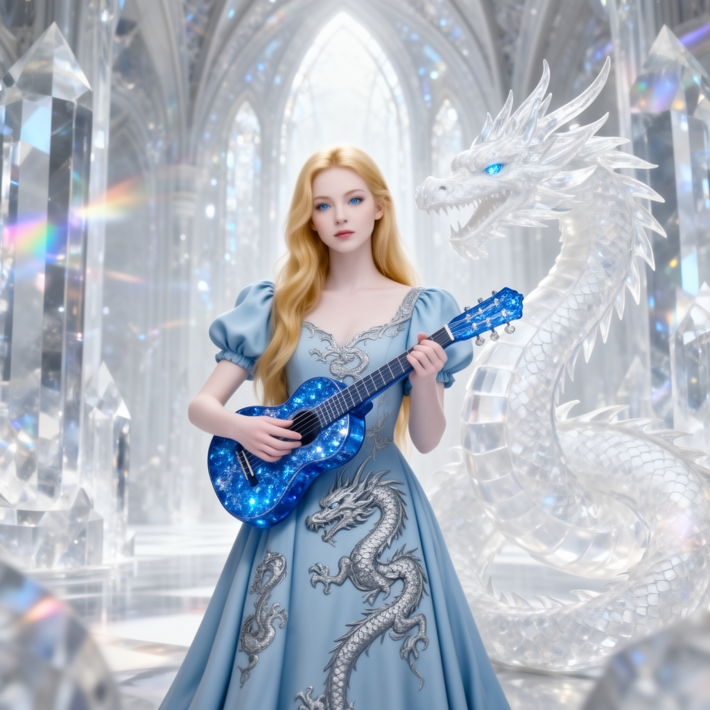 زیباترین زنی جوان در جهان حتی در رویایی که شکوه خدا را داشته باشد که نظیر آن در دنیا نباشد که همه از شدت زیبایی به او سجده کنند که با چشمان کریستالی آبی رنگ که در مردمکش دریا واقع شده است و با پوستی سفید همرنگ برف که با موهای طلایی رنگ  بلند حالت دار که با لباس سلطنتی پفی آستین پفی ابی کمرنگ که اژدهای نقره‌ای رنگی بر روی آن حکاکی شده باشد زیبایی باشد و در حال باگیتار کریستالی آبی زدن باشد و داخل قصر کریستالی باشد و در کنارش زیباترین اژدهای کریستالی بزرگ سفید باشد 1