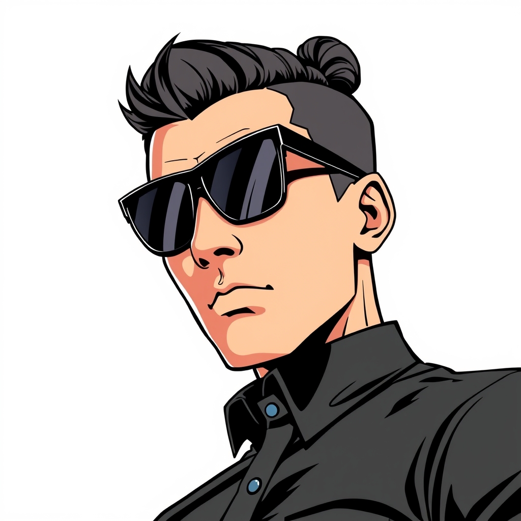 In the image, a person is wearing a black button-up shirt and a pair of sunglasses, with their hair styled in a neat bun. The background is plain and light-colored.4