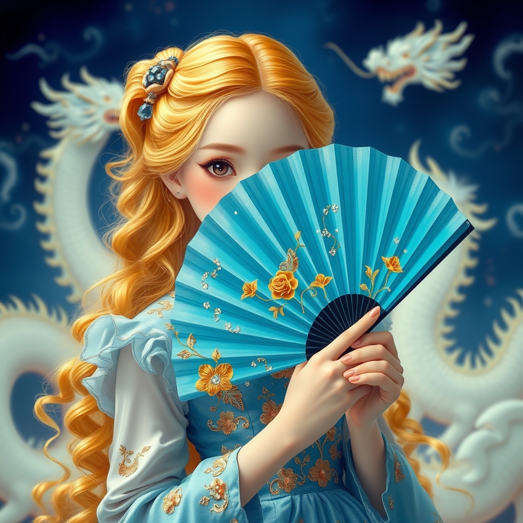 دختره جوان زیبا ترین بانوی جهان  از کره و چین گرفته تا انگلیس آمریکا همینطور در هوش مصنوعی رویایی با موهای بلند حالت دار زرد براق درخشان که از خود نور میدهد وچشم درشت  که مردمک دریا و اقیانوسی باشد و با پوستی سفید همرنگ  صاف پاک هیچ کلی و بسیار نرم نرم تر از ابریشم سفیدیش بیشتر برف با گونه قرمز لبی سرخ با لباس پفی خیلی زیبا ابی پفی با جواهر دوری شده پر نقش های سلطنی که به لباس زیبایی میبخشد  و  در جایی که زیبایی دنیای خواب درارد و چند اژدها سفید بزرگ پشت سر ش است رقصیدی باشک، و یک بادبزن ابی پر از گل های طلایی و ابیش ترکیبی از ابی کمرنگ پرنرگ است با پر از براق کننده که بادبزن زیباتر میکند اون دختر بادبزن باز کرده و در نصف صورتش کرفته17