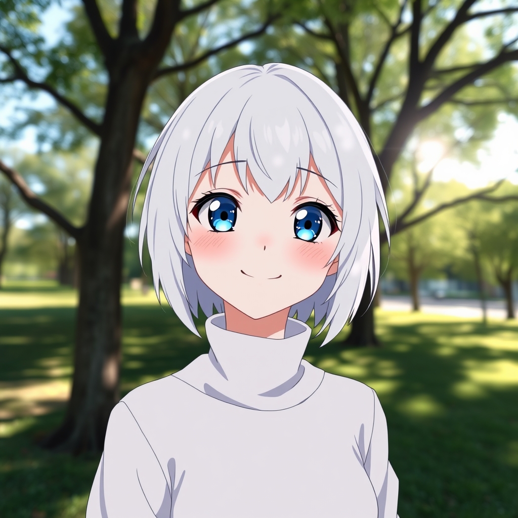 یک دختر با موهای سفید چشم های آبی نورانی بایک لبخند 5