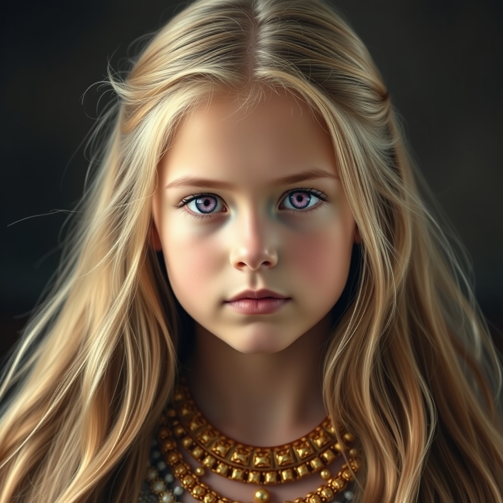 یک دختر زیبا که چشمایش بنفش است و موهایش طلایی است و صورتش سفید است و یک گردنبند طلا زیبایی گردنش است 3