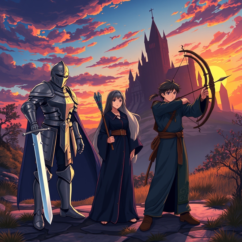 شوالیه مرد با شمشیر افسانه جادوگر زن با چوب دستی جادویی و پسر دو رگه تیر انداز برای نجات پادشاه
13
