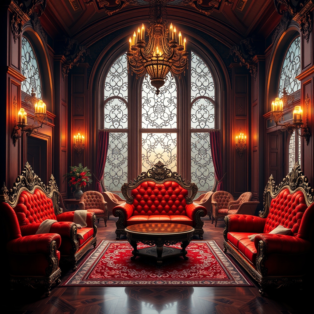 عکس لابی خانه ای بزرگ با مبل های سلطنتی قرمز رنگ5