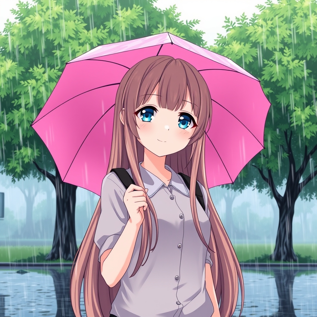 یک انیمه با مو های قهوی ای روشن بلند و چشم های آبی در منظره بارانی میباشد و دست آن چتر صورتی است که روی سرش گرفته و کنار درخت های سرسبز میباشد9