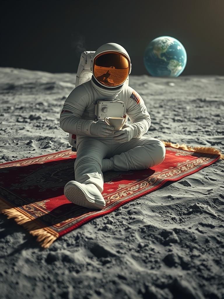 فضانوردی که روی قالیچه ایرانی وسط سطح کره ماه نشسته و چای می‌نوشد، کره زمین در پس‌زمینه دیده می‌شود، ترکیب طنز و سورئال.0