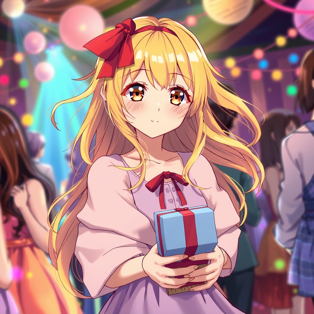 یک دختر بسیار زیبا که چشمانش طلایی استو موهایی زیبا و باز طلایی که لباسی یاسی دارد و بر سر شونه هایش پشمی باشد و یک روبان قرمز به صورت پاپیون روی موهایش باشد
و در پارتی باشد که همه دور و برش هستند و رقص نور هم هست
و یک کادو هم در دستش باشد 18