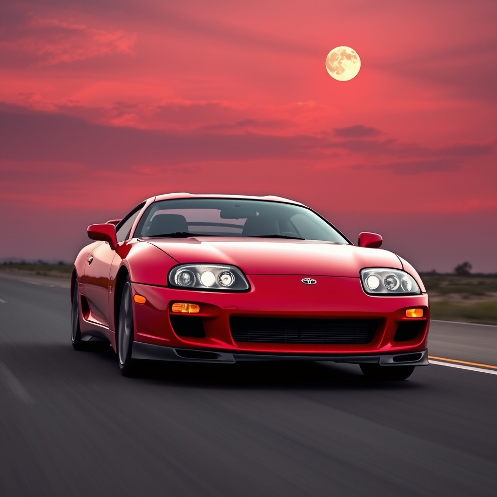 یک ماشین از تویوتا سوپرا mk4 در جاده که آسمان قرمز است و ماه در آسمان 4